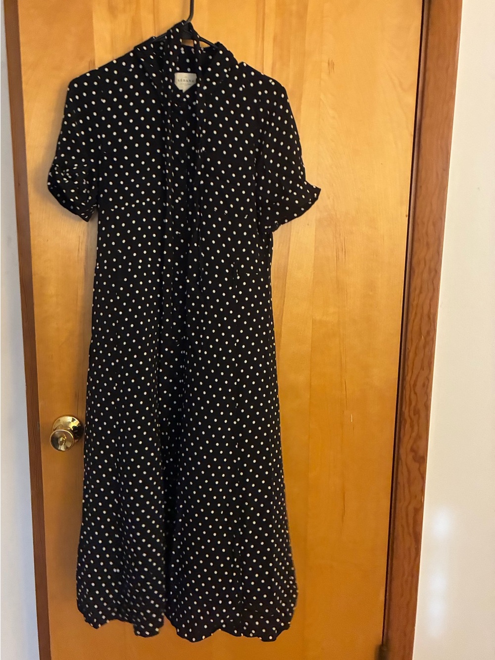 Sezane Black Midi Dress with White Polka Dots and Tie Neck